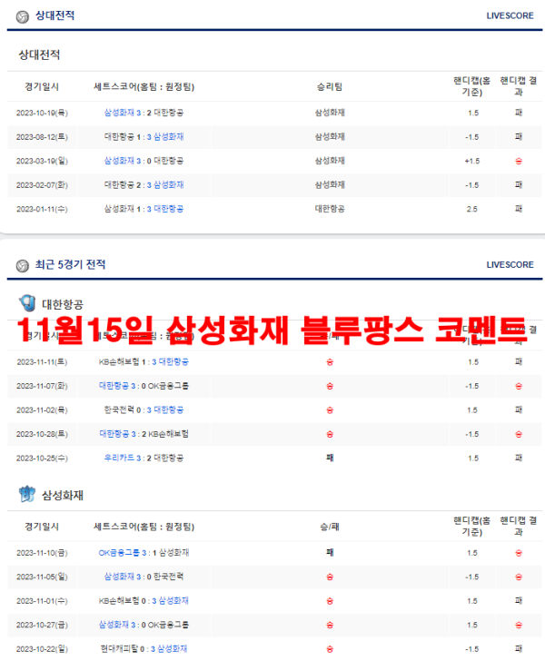 11월15일 삼성화재 블루팡스 코멘트