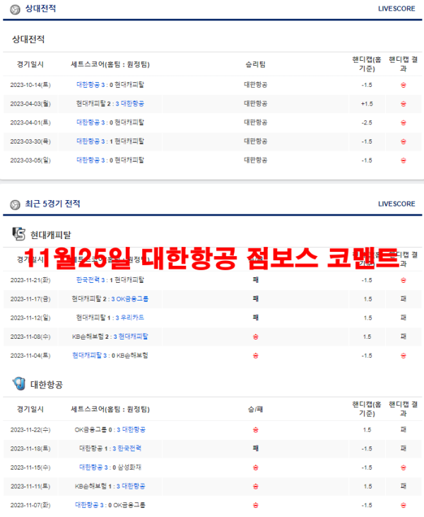 11월25일 대한항공 점보스 코멘트