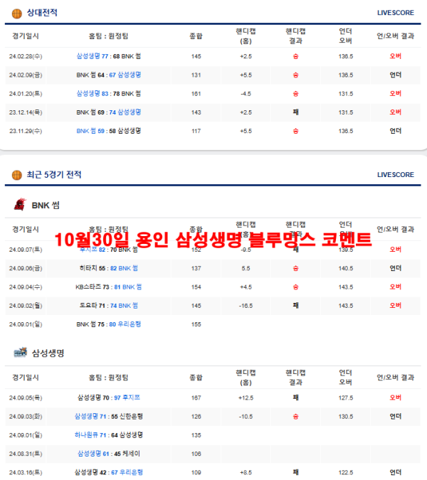 10월30일 용인 삼성생명 블루밍스 코멘트