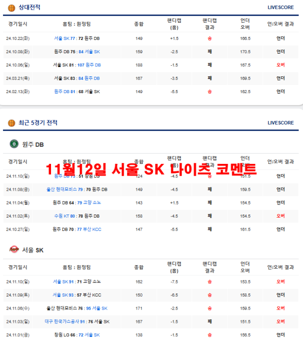 11월12일 서울 SK 나이츠 코멘트