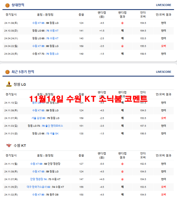 11월14일 수원 KT 소닉붐 코멘트