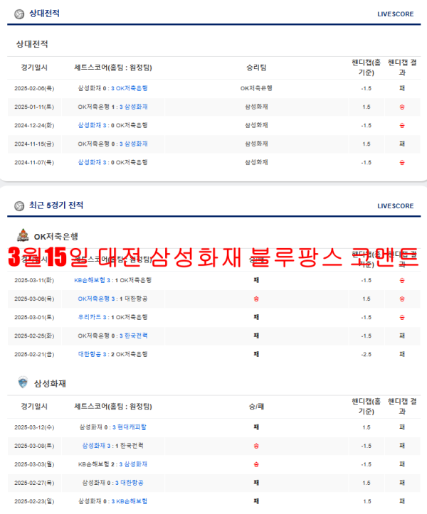 3월15일 대전 삼성화재 블루팡스 코멘트